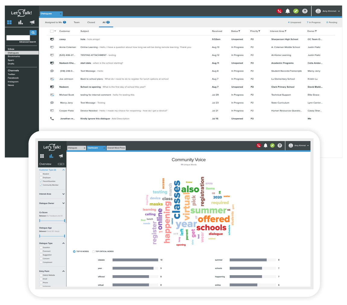 Display of Let's Talk dialogue inbox and dashboard