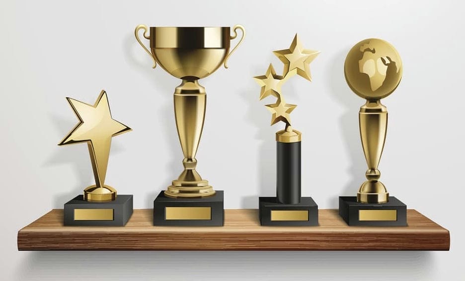 Trophy awards displayed on a shelf